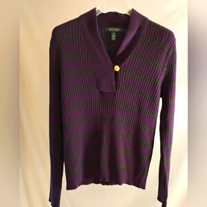 LAUREN RALPH LAUREN PURPLE/GRAY  STRIPE SHAWL COLLAR LONG SLEEVE SWEATER XL USA
